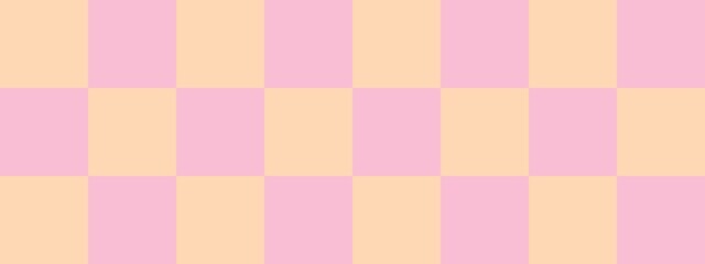 Checkerboard banner. Pink and Apricot colors of checkerboard. Big squares, big cells. Chessboard, checkerboard texture. Squares pattern. Background.
