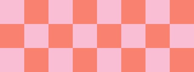 Checkerboard banner. Salmon and Pink colors of checkerboard. Big squares, big cells. Chessboard, checkerboard texture. Squares pattern. Background.
