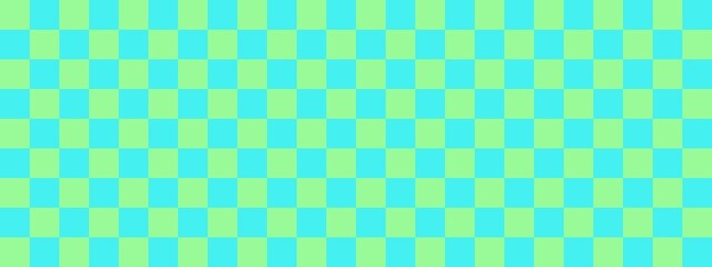 Checkerboard banner. Cyan and Pale Green colors of checkerboard. Small squares, small cells. Chessboard, checkerboard texture. Squares pattern. Background.