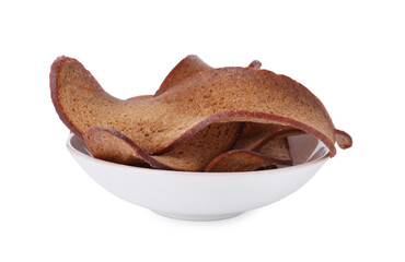 Delicious crispy rusks in bowl on white background