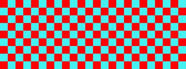 Fototapeta premium Checkerboard banner. Cyan and Red colors of checkerboard. Small squares, small cells. Chessboard, checkerboard texture. Squares pattern. Background.