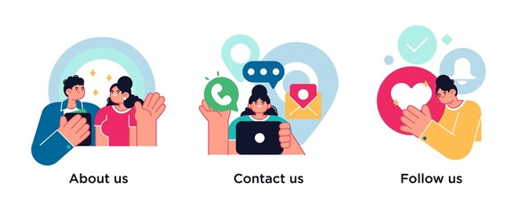 Customer loyalty and technical support web icons set. Clients hotline. Website information. About us, contact us, follow us metaphors.