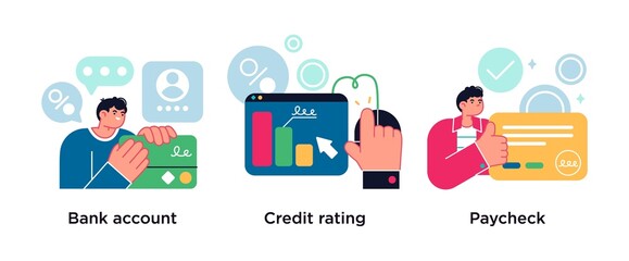 Financial services cartoon icons set. Debit card payment. Bank account, credit rating, paycheck metaphors.