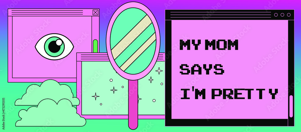 Aufkleber Composition of user interface elements, retro operating system with message boxes and folders. Cute kawaii vaporwave style vector illustration.