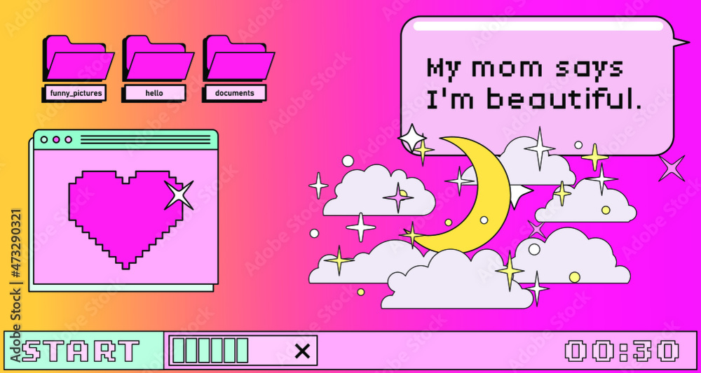 Poster Retrowave style operating system with message boxes and folders. Vaporwave style vector illustration.