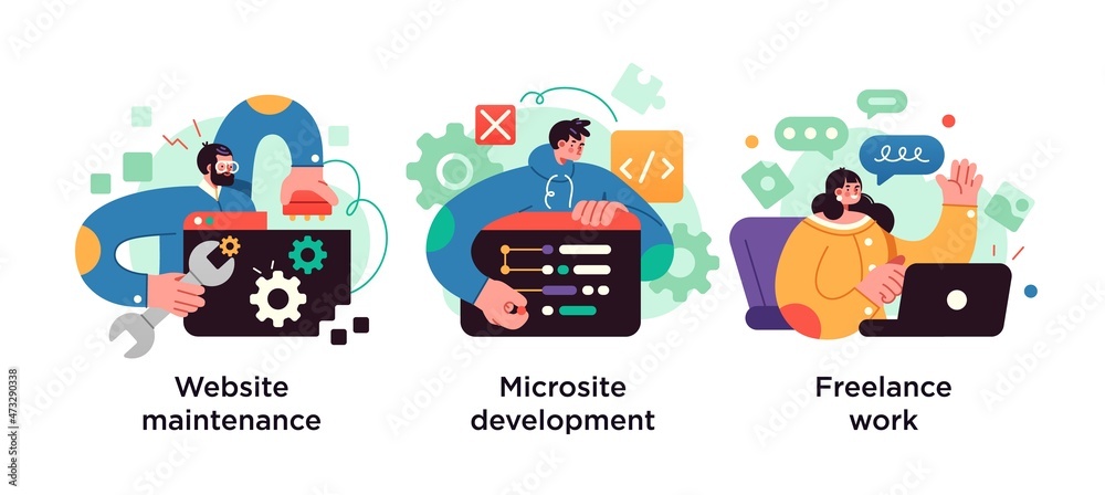 Poster web design, programming and coding idea. remote job, freelancer cartoon character. website maintenan