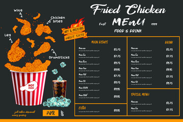 Fried chicken meat. Fast food menu design elements. Restaurant cafe menu, template design. Food flyer. Vector.