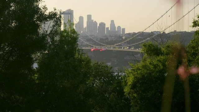 Footage of 15 July Martyrs Bridge which connects European and Asian continet to each other among the trees from Nakkastepe Nation's Garden
