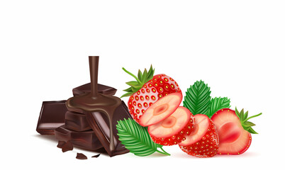 Strawberry fruits flying with strawberries of pieces element in the middle on white background. Realistic vector in 3D illustration.