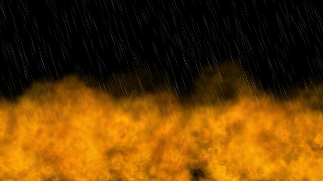 Huge fire roll is extinguished by onset of heavy rain and turns into voluminous steam cloud, animation, motion graphics