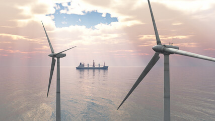 Windkraftanlagen im offenen Meer und Frachtschiff - 473292147
