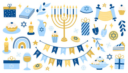 Hanukkah set. Collection of vector colorful flat Hanukkah symbols with menorah, coins, donuts