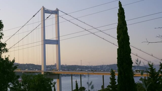 Footage of 15 July Martyrs Bridge which connects European and Asian continet to each other among the trees from Nakkastepe Nation's Garden