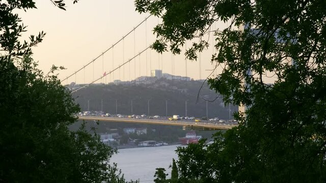 Footage of 15 July Martyrs Bridge which connects European and Asian continet to each other among the trees from Nakkastepe Nation's Garden