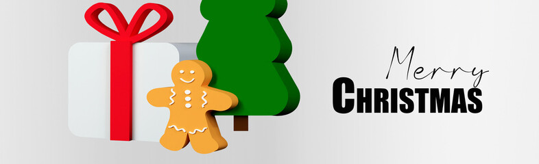 Christmas 3d render banner or greeting card Modern minimal christmas decoration with tree, cookies, gift box on white background