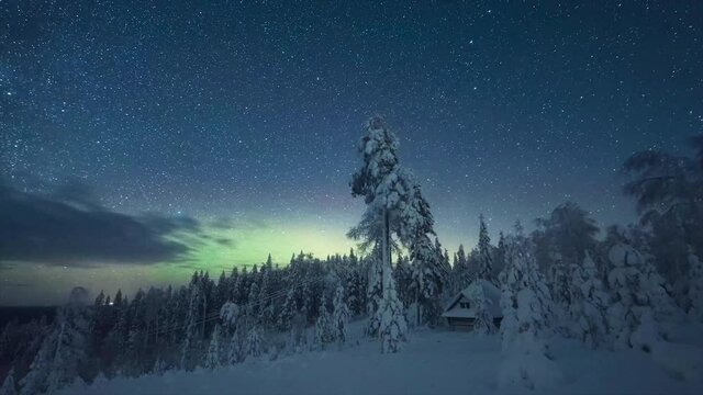 Timelapse of Stars Sky During Meteor Showers and Aurora Borealis. Milky Way Galaxy at Night. Time Lapse of the Night Sky Moving Over Snowy Pine Trees and Winter Wonderland. Finland Starry Night. 4k