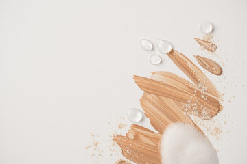 Beauty makeup products on white background. BB cream, foam, oil, powder. Minimalist simplicity beauty collection