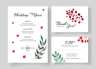 Set of winter wedding cards with green foliage and red berries in loose watercolor style.
