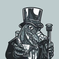 Cartoon illustration of alligator wearing gentleman suit and drinking drinks.