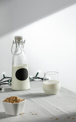 A minimalist composition of Christmas milk on the table and blank 