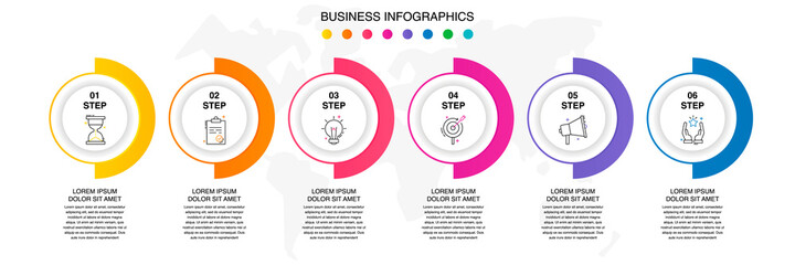 Line vector infographics with six circles. Modern concept 6 icons with labels step by step for the app, business, website, interface, chart, levels, web, diagram, banner, presentations