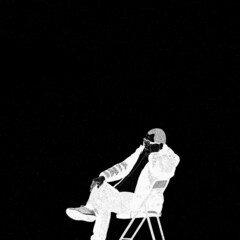 Zamyślony mężczyzna w okularach siedzący na krześle na czarnym tle biało czarna ilustracja - obrazy, fototapety, plakaty