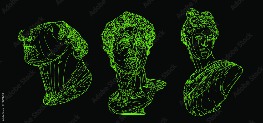 Poster set of 3d models of gypsum heads. cyberpunk sci-fi style vector illustration.