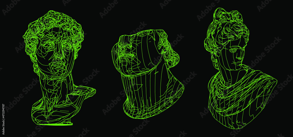 Poster set of 3d models of gypsum heads. cyberpunk sci-fi style vector illustration.