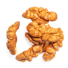 Walnut Isolated. Pile of Walnut kernel Nut  on white background. Top view. Flat lay.
