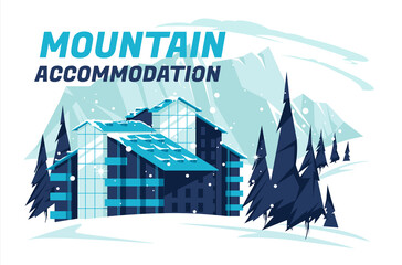 Ski resort with ski hotel and Alps mountain landscape in flat design. Winter holidays in the mountains with snowy slopes, holiday villa..Vector flat cartoon illustration.