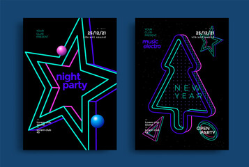 Happy New Year party poster design with neon color Christmas tree and star. Luminosity xmas vector decoration.