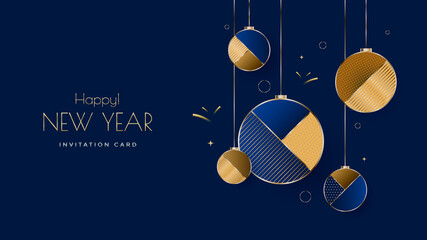 New Year greeting card gold and blue colors with stylized Christmas balls. Geometric compositions with Xmas decoration elements for invite design. Vector illustration