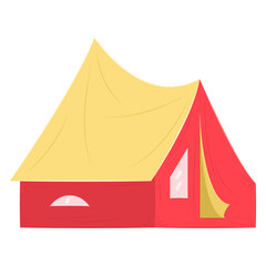 Large tent for camping, hiking, sports, traveling outside. Yellow, red tent for recreation. Vector icon, flat, cartoon, isolated