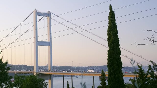 Footage of 15 July Martyrs Bridge which connects European and Asian continet to each other among the trees from Nakkastepe Nation's Garden