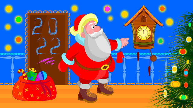 Graphic image of a cheerful Santa Claus on a blue background.
