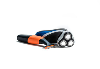 Electric razor and shaving trimmer. Comparison. Facial shaving concept, men's daily personal care. Taking care of your appearance. Shaving trimmer.