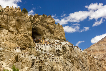 The ancient Tibetan Buddhist Phuktal monastery of on a steep rocky hillside in the Zanskar region...