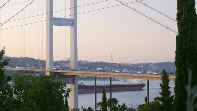 Footage of 15 July Martyrs Bridge which connects European and Asian continet to each other among the trees from Nakkastepe Nation's Garden