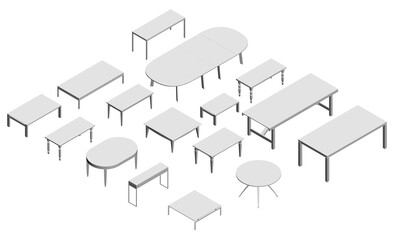 Set with white tables isolated on white background. Isometric view. 3D. Vector illustration