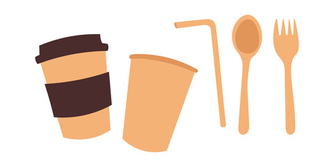 Reusable coffee cups, straw, spoon, fork The concept of zero waste. Horizontal banner. Vector stock flat illustration.