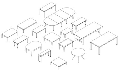 Set with contours of tables from black lines Isolated on white background. Isometric view. 3D. Vector illustration