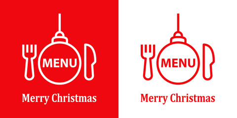 Banner con silueta de bola de navidad colgada con cubiertos con texto MENU y Merry Christmas para su uso en invitaciones y tarjetas de felicitación