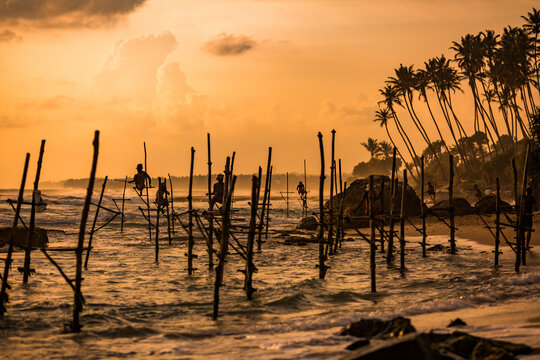 Unrecognizable fishermen on poles in sea