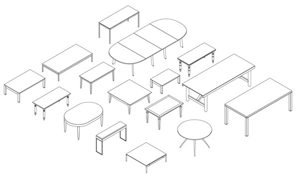 Set with contours of tables from black lines Isolated on white background. Isometric view. 3D. Vector illustration