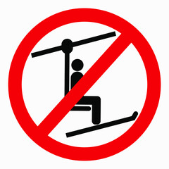 The ski lift icon is not working. The ski lift is closed for skiers. There is no ski slope. Skiers do not ride. Vector icon.