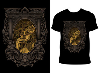 illustration sugar lady skull with engraving style