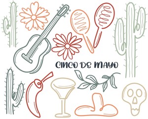 Cinco de mayo attributes isolated illustration. Set of traditional Mexican holiday elements. Vector doodle collection may 5