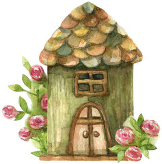 Watercolor illustration of a fairytale house with a tiled roof and blooming rose bushes