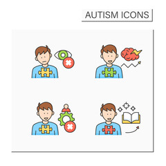 Autism spectrum disorder color icons set.Inappropriate social interaction, eye contact avoidance, intense focus on one topic.Neurodevelopmental disorder concept. Isolated vector illustrations