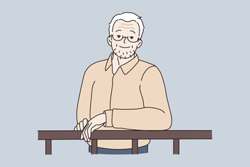 Portrait of happy mature man concept. Smiling unshaven grey haired mature elderly man standing having bristle on face looking at camera vector illustration 